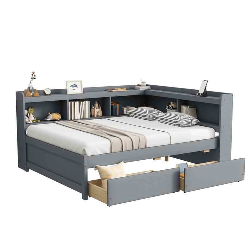 Wooden Platform Sofa Bed Frame with L Shaped Bookcase and Charging Station, Living Room Corner Daybed with 2 Storage Drawers