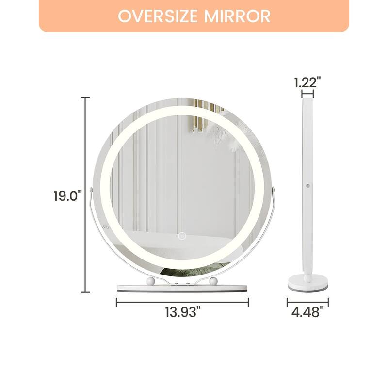 19 Inch Vanity Mirror with Lights, Round Large LED Vanity Mirror with Smart Touch 3 Colors Dimmable, Touch Lighting