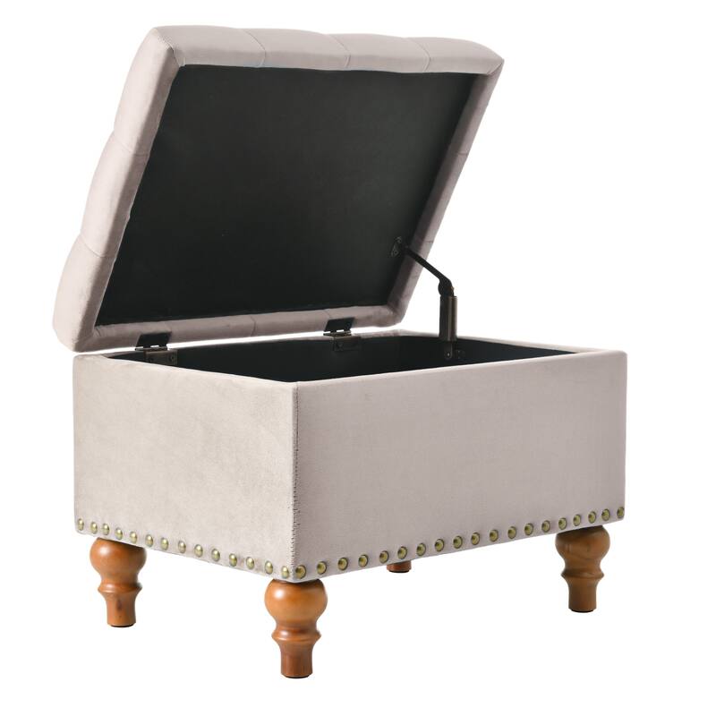 Square Velvet Ottoman with Storage Space & Rivet Trim Around