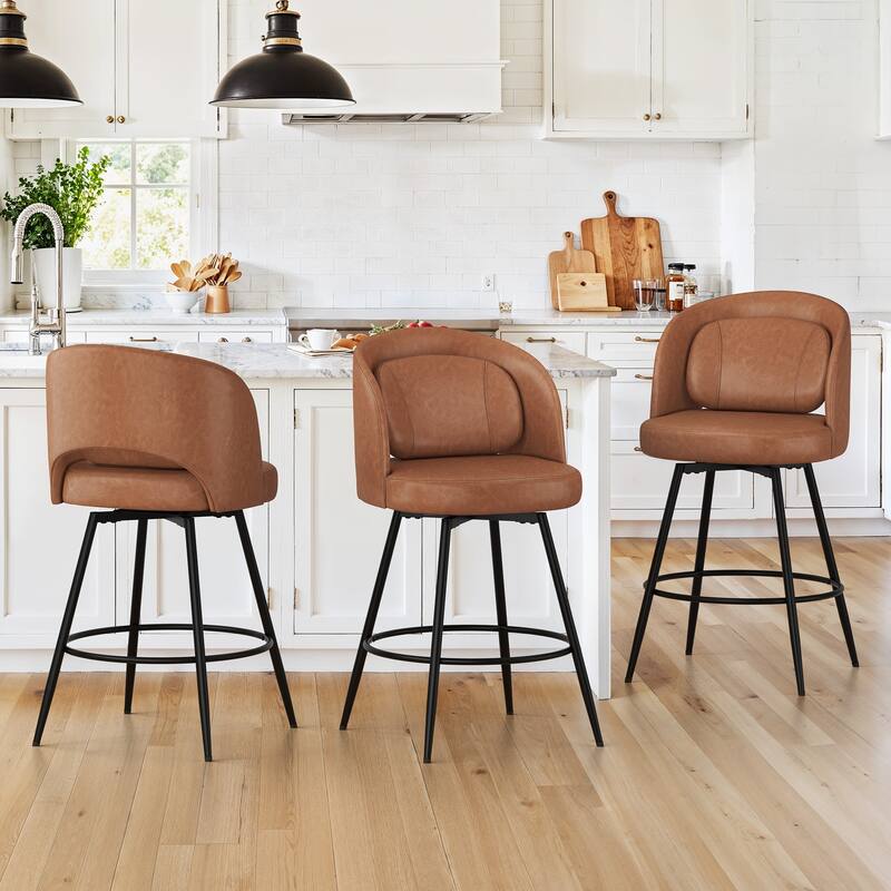 26 Inch Modern Upholstered Bar Stools, Swivel Metal Bar Stools Set Of 2/3/4, Bar Stools For Kitchen Island - Brown - Set of 3