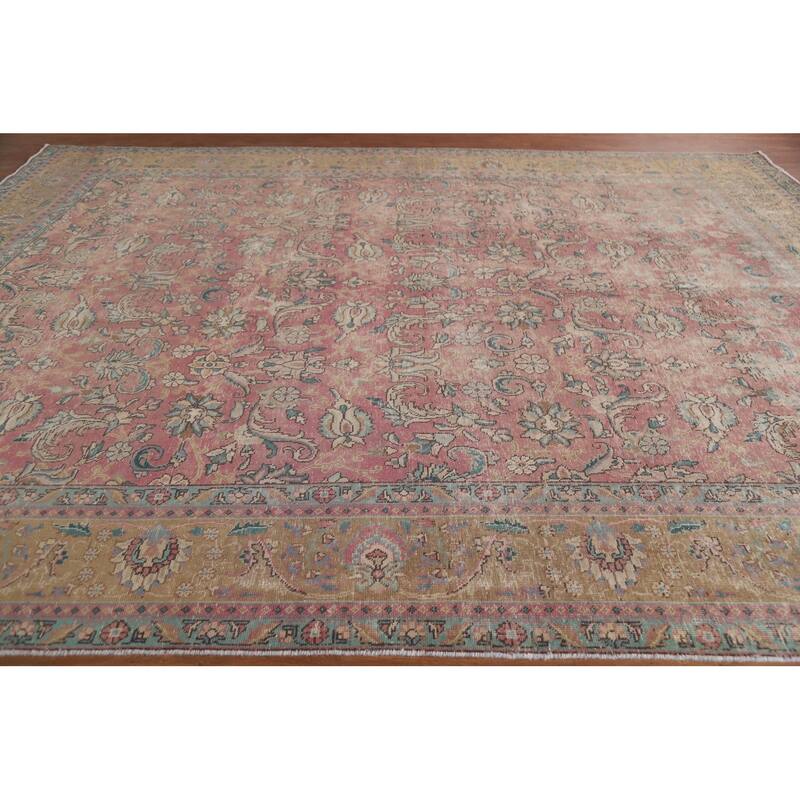 Hand Knotted Oriental 100% Wool Carpet Traditional All-Over Pink Tabriz Area Rug - 12' 8'' X 9' 7''