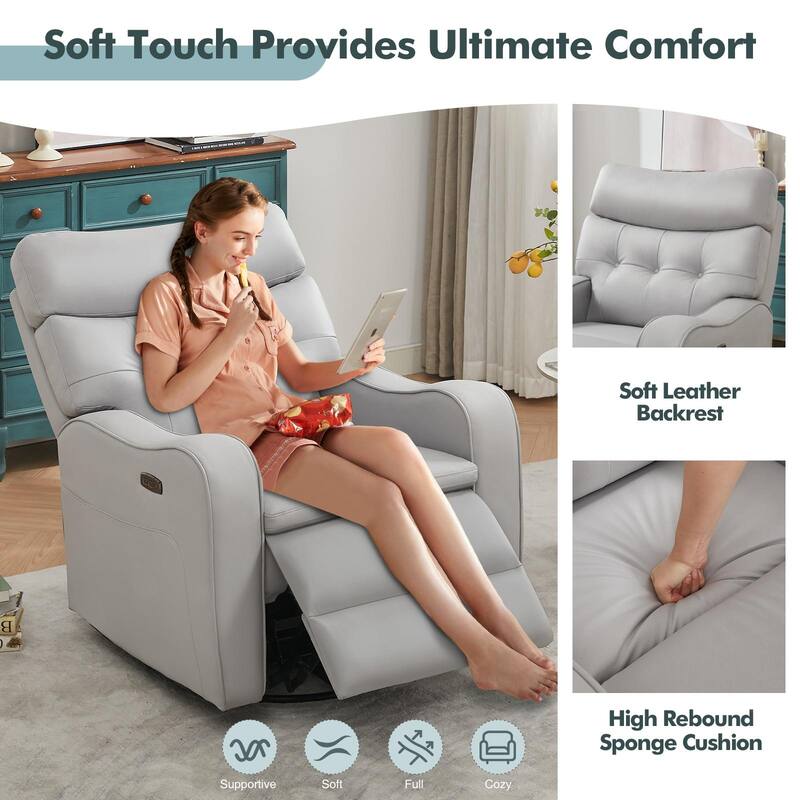 Wide Tufted Back Faux Leather Power Swivel Rocker Recliner With USB and Type-C Port