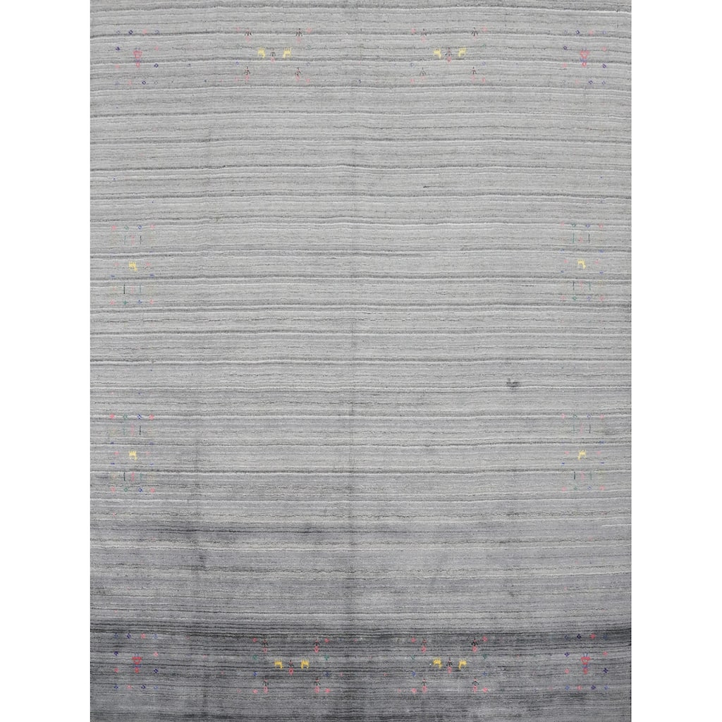 Hand Knotted Oriental Viscose Silk Carpet Tribal Animal Pictorial Greys & Charcoal Gabbeh Area Rug - 8' 10'' X 8' 4''