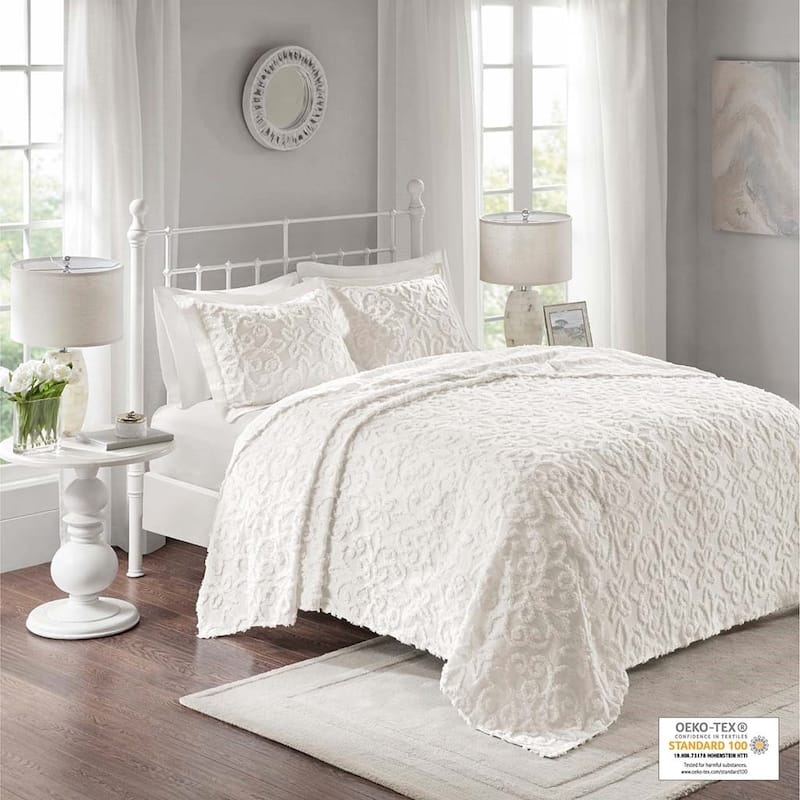 3 Piece Tufted Cotton Chenille Bedspread Set Off-White Full/Queen