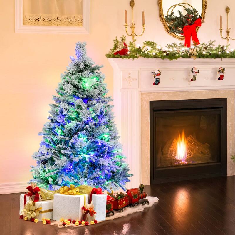 4.5 FT/6FT/7ft Pre-Lit Snow Flocked Christmas Tree Hinged Xmas Tree
