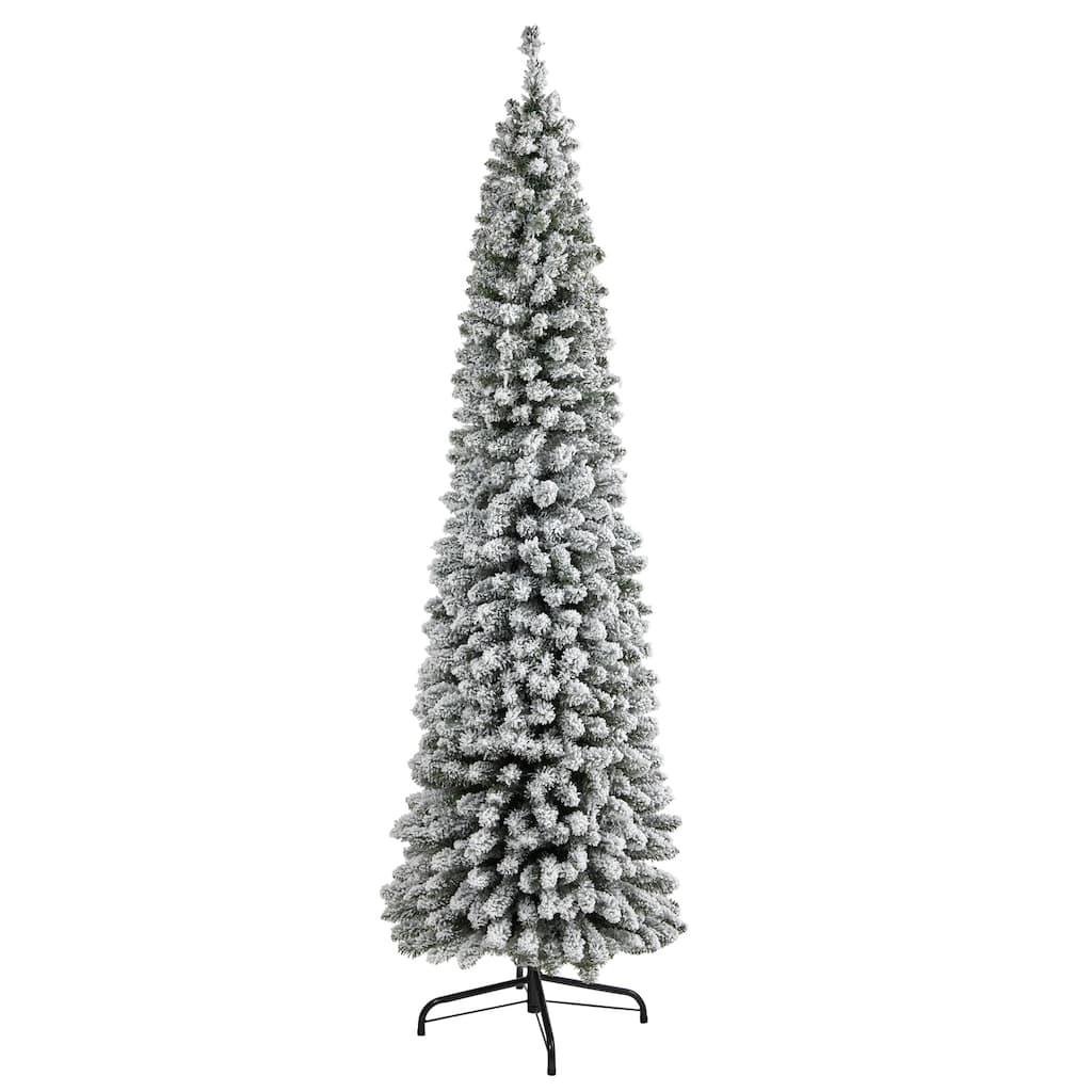 7ft. Flocked Pencil Artificial Christmas Tree with 574 Branches - Sleek Winter Wonderland Holiday X-Mas Tree