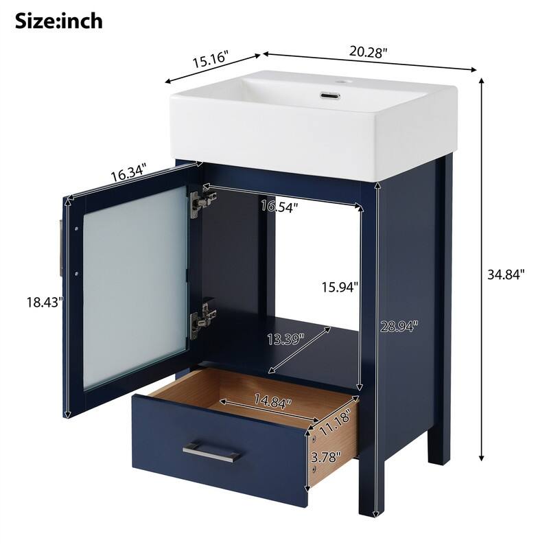 20'' Bathroom Vanity with Ceramic Sink Top, Modern Bathroom Storage Cabinet with 1 Drawer and 1 Soft Close Door