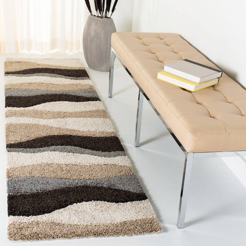 SAFAVIEH Florida Shag Cirilla Abstract Wave 1.2-inch Thick Rug - 2'3" x 8' Runner - Ivory/Grey