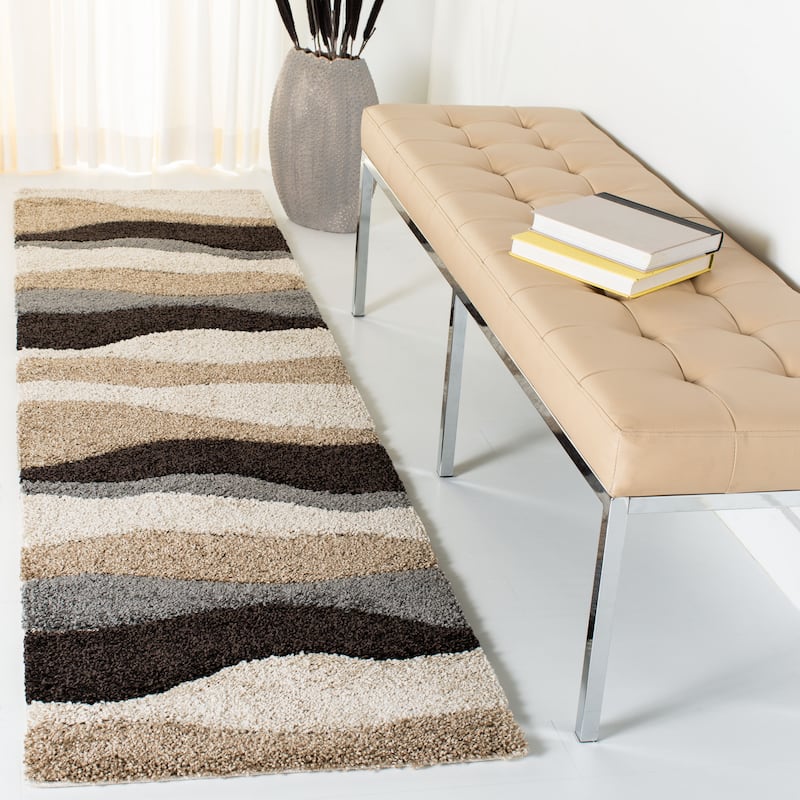 SAFAVIEH Florida Shag Melahat Abstract Wave 1.2-inch Thick Rug - 2'3" x 8' Runner - Ivory/Grey