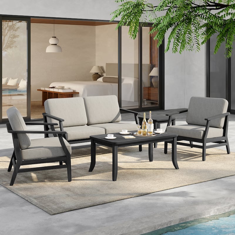 5-Piece Outdoor Teak Wood Patio Conversation Set with Cushions - BlackFrame-Light Camel