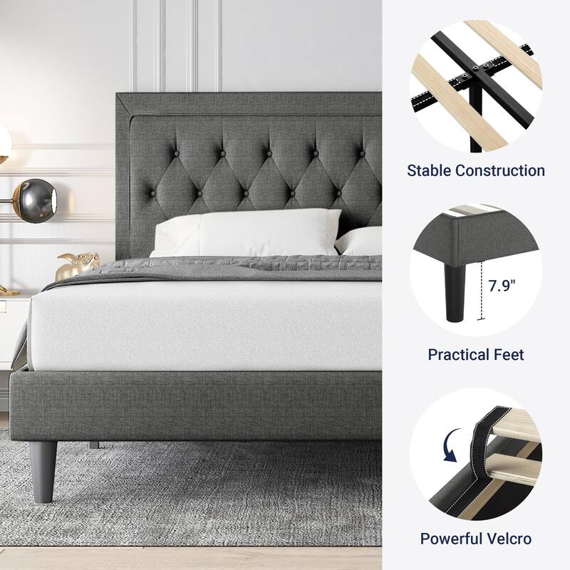Queen Size Button Tufted Platform Bed Frame/Fabric Upholstered Bed Frame with Headboard/Wood Slat Support/Mattress Foundation