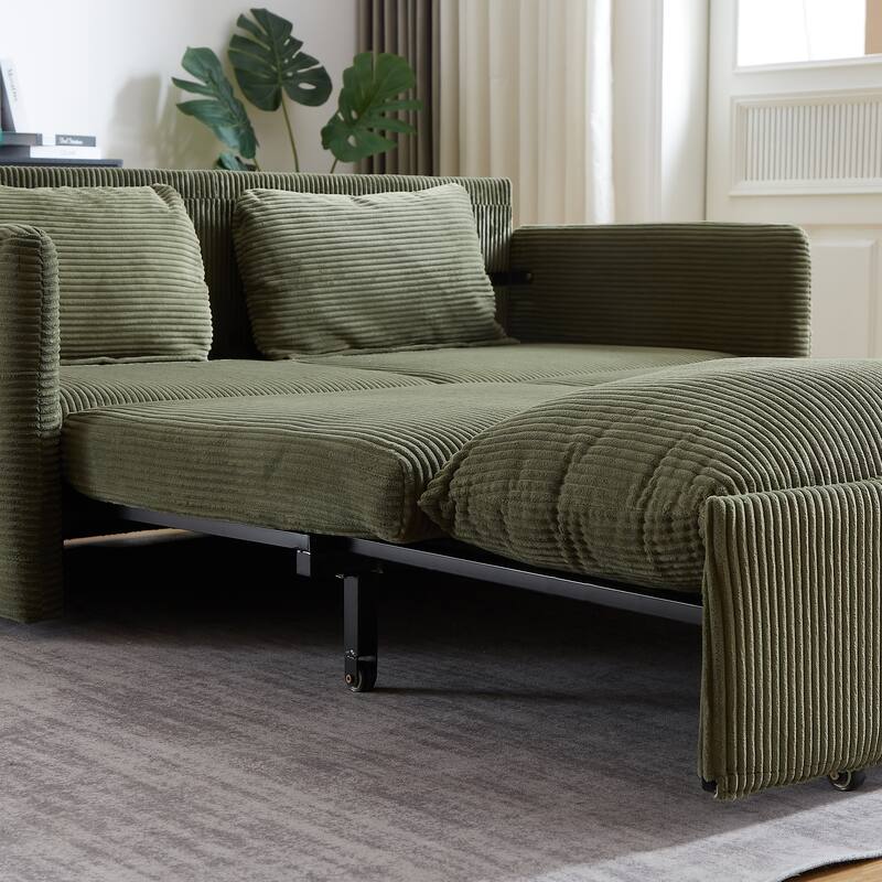 65" Corduroy 2-Seater Sleeper Sofa, 3-in-1 with Storage and Side Pocket