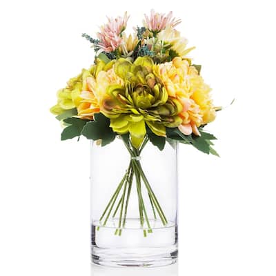 Enova Home Artificial Mixed Fake Silk Daisy Flowers Arrangement in Clear Glass Vase with Faux Water for Home Wedding Decor