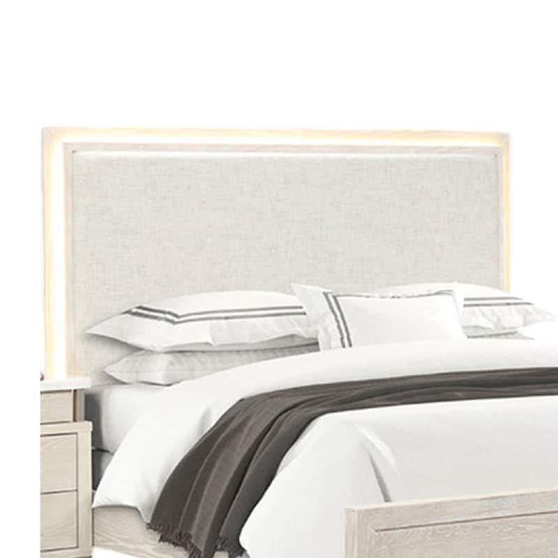 Loji King Bed, Upholstered Headboard with LED, Weathered Gray Wood