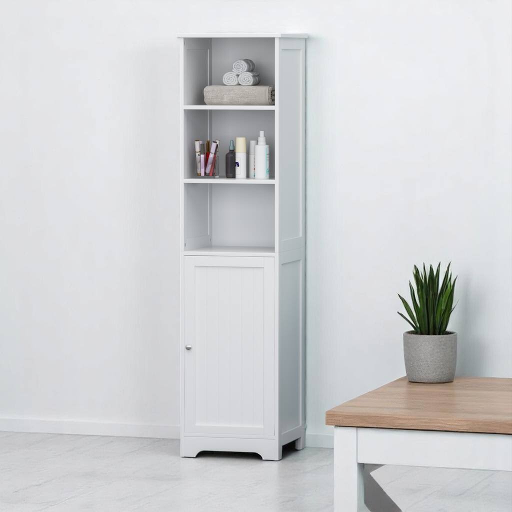 63'' Modern Bathroom Linen Cabinet with Doors and Open Shelves, MDF Freestanding Storage Unit