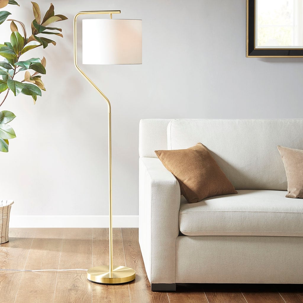 Cusp Barn 1-Light Metal Stand Gold Base Floor Lamp, Linen Drum Shaped Shade Floor Lamp for Living Room