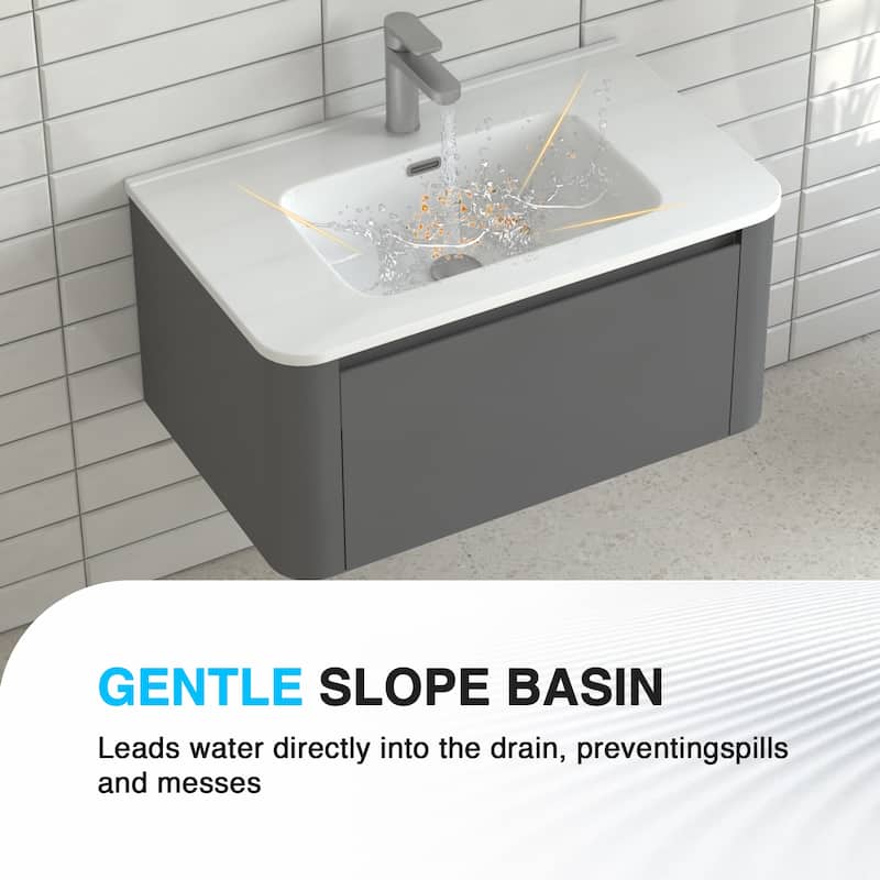 Wall Mounted Bathroom Vanity with Ceramic Basin - Grey