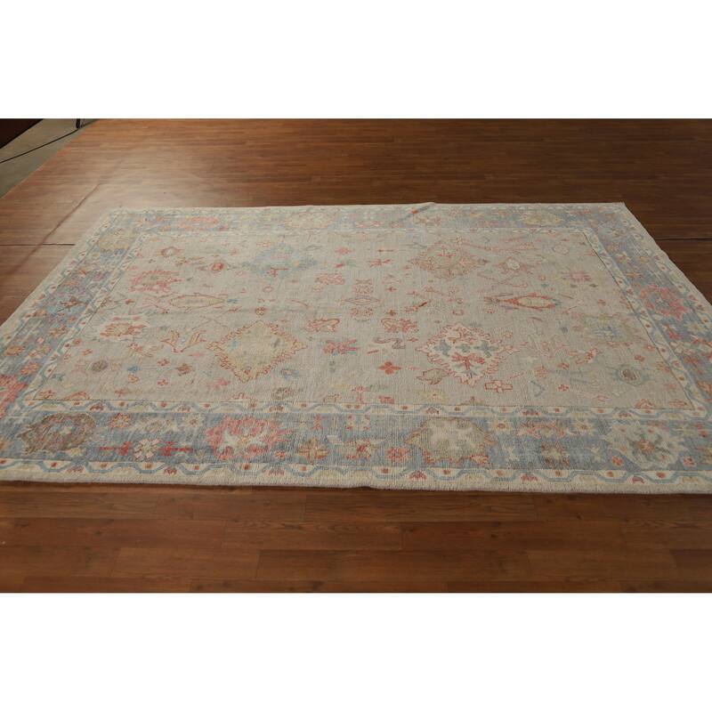 Hand Knotted Oriental 100% Wool Carpet Transitional All-Over Beige & Ivories Oushak Area Rug - 8' 11'' X 6' 0''