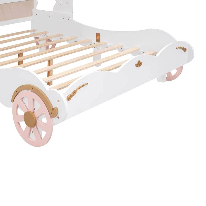 Princess Carriage Bed Frame with Canopy, Sturdy Wooden Platform Car Bed