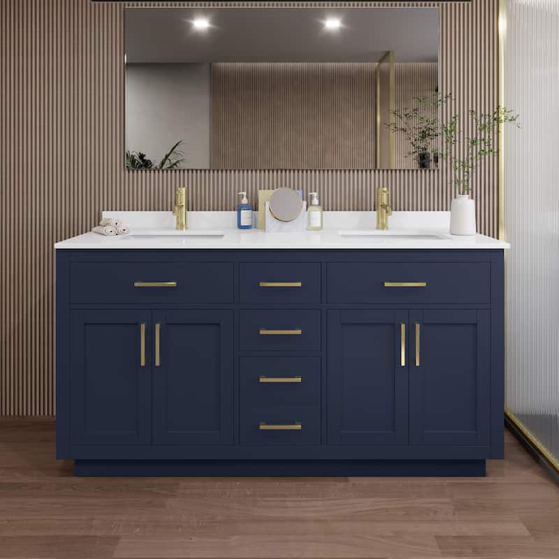 Wyndham Collection WCG262666D-QTZ-UNSMXX Beckett TK 66" Free Standing - Dark Blue / White Quartz Top / Brushed Gold
