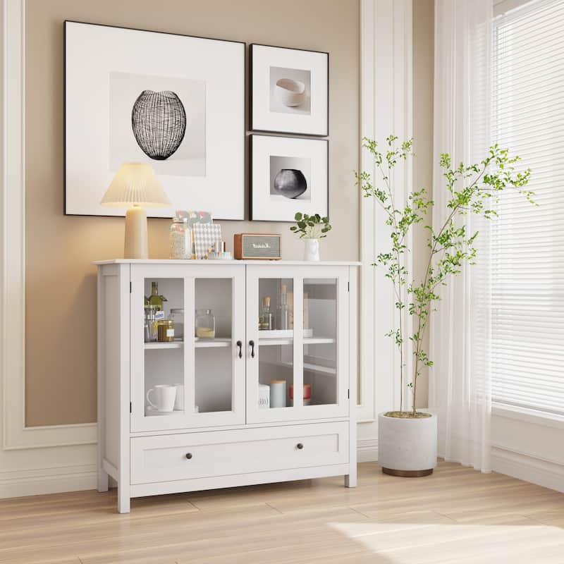 Buffet storage cabinet with double glass doors - White