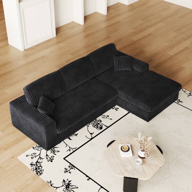L-Shaped Sectional Sofa with Chaise Lounge, Corduroy Modular Foam Sofa, Upholstered Sofa with 2 Cushion & 2 Throw Pillows