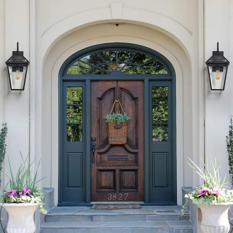 2-Pack 21" Modern Outdoor Wall Lanterns ， Black Metal & Clear Glass Sconce (Bulbs Not Included)