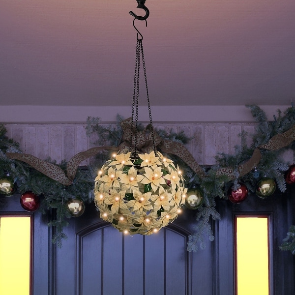 Alpine Corporation White Christmas Poinsettia Ornament with LED Light. Opens flyout.
