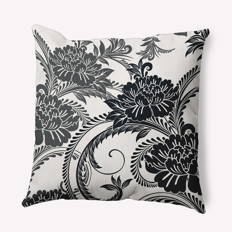 Flower Flourish Polyester Indoor Pillow - Black - 16" x 16"