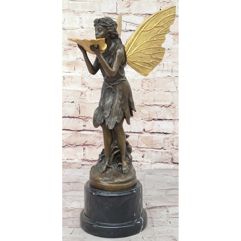Gold Winged Fairy Girl Holding Seashell Dish Bronze Metal Sculpture Statue On Marble Base
