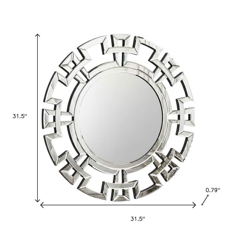 HomeRoots 32" Silver Glass Round Art Deco Geo Framed Accent Mirror - 31.50 in. x 31.50 in. x 0.79 in.
