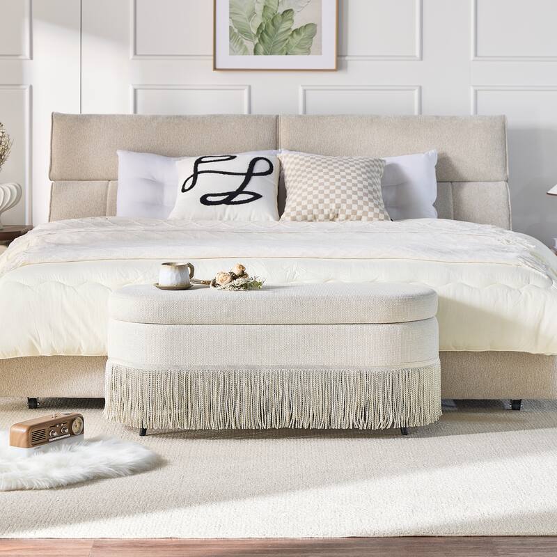 Oval Upholstered Storage Ottoman with Fringe Trim & Lift-Top Lid - 39"L x 16"W x 17"H,Multi-Functional Footrest & Hidden Storage