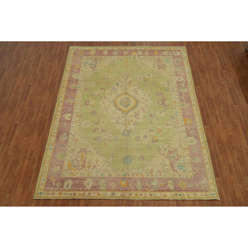 Vegetable Dye Green Oushak Turkish Area Rug, Floral Geometric Carpet - 12' 1'' X 9' 2''