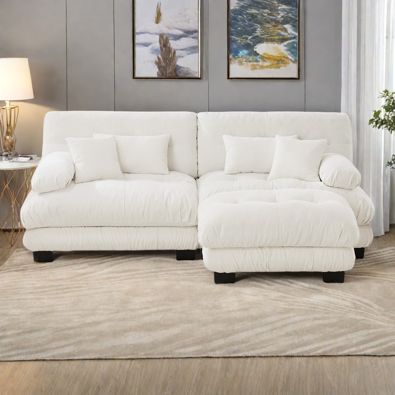 94.4" 2-Seater Chenille Cloud Couch with 4 Pillows and Convertible Ottoman