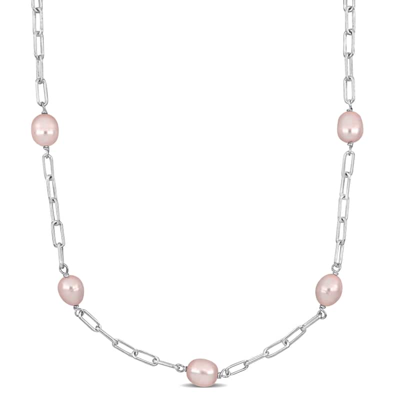 Miadora 8-9mm Pink Cultured Freshwater Pearl Station Necklace in Sterling Silver - 18 in x 8.4 mm