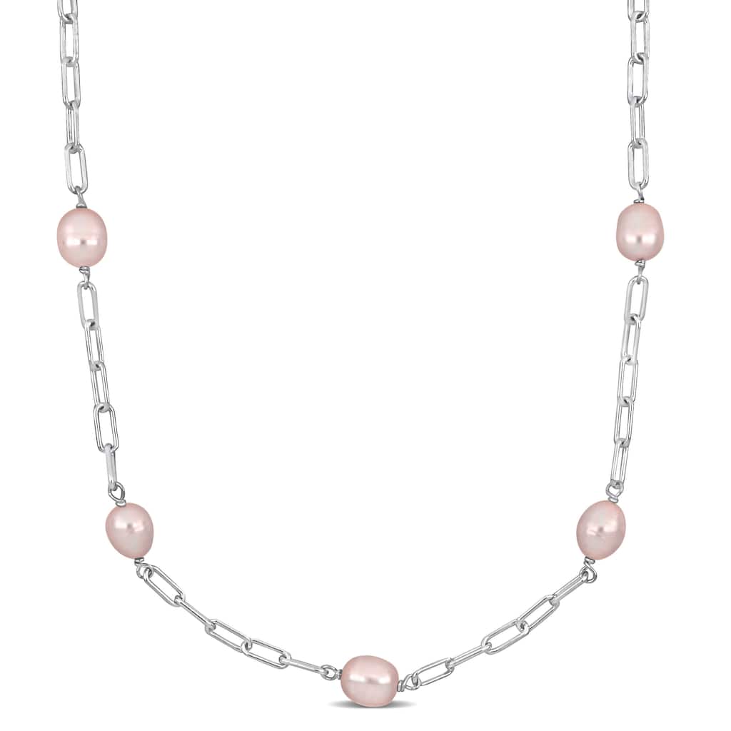 Miadora 8-9mm Pink Cultured Freshwater Pearl Station Necklace in Sterling Silver - 18 in x 8.4 mm
