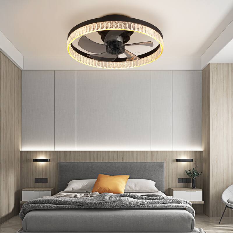 20" Brown Ceiling Fan with LED Light - Modern Flush Mount Fan Light for Bedroom, Living Room