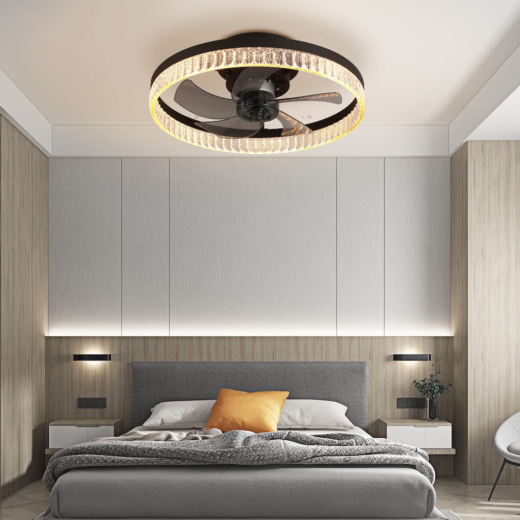 Crystal Ring Design Ceiling Fan with LED Light, 20" Flush Mount Ceiling Fan Fandelier with Remote Control, 6 Speeds