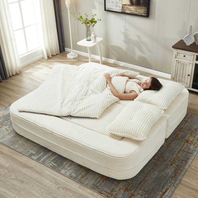 Convertible Floor Sofa Bed with Chaise Lounge, Corduroy 3-in-1 Sofa, Sofa to Bed with Dual-Purpose Blanket, No Assembly Required