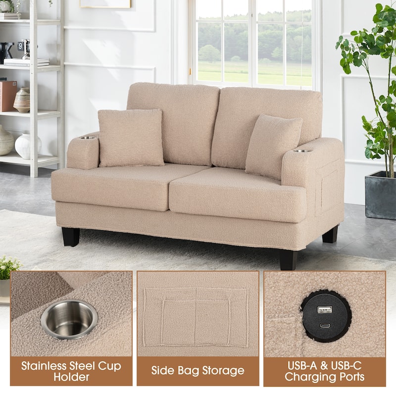 61" Small Beige Loveseat Sofa with 2 Pillows and Cup Holder