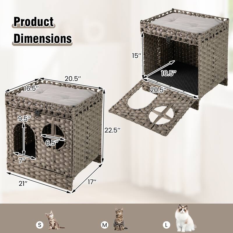 Grey 2-Tier Rattan Cat Condo with Washroom Detachable Cushions and Stylish Side Table Furniture - 21" x 17" x 22.5"