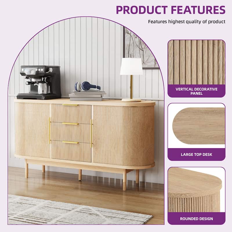 Moasis Mid-Century Modern Fluted Sideboard Buffet Cabinet with Sliding Doors and Drawers