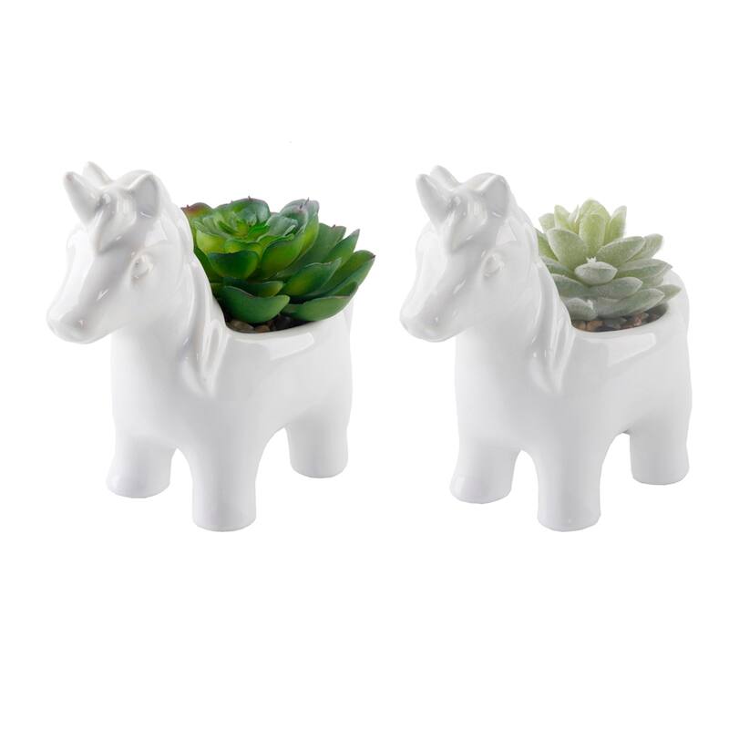 Artificial Plant in CERAMIC UNICORN Pot, Set of 2 - ONE-SIZE