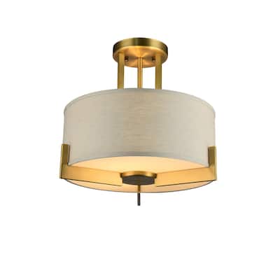 3 Light Antique Brass Flush Mount With A Natural Linen Drum Shade