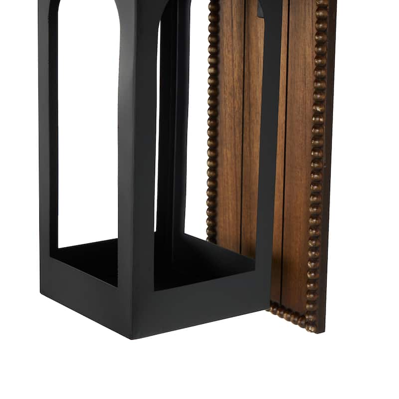 Metal Suspended Arched Cutout Wall Sconce with Brown Wood Backing and Beaded Edge - Black - Roche River Decor