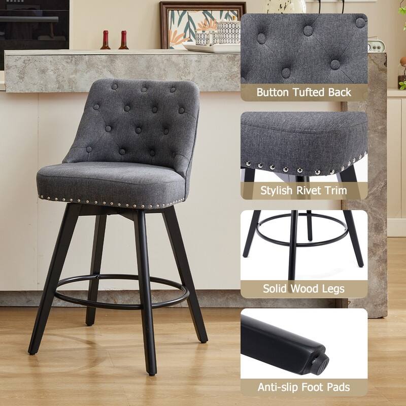 Bar Stools Set of 2, Modern Swivel Counter Height Bar Stools with Back and Wood Legs