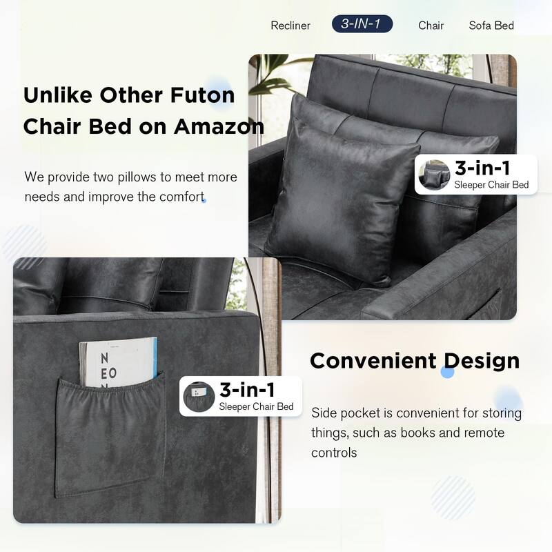 AECOJOY Adjustable Sleeper Chair Bed 3-in-1 Convertible Futon Sofa