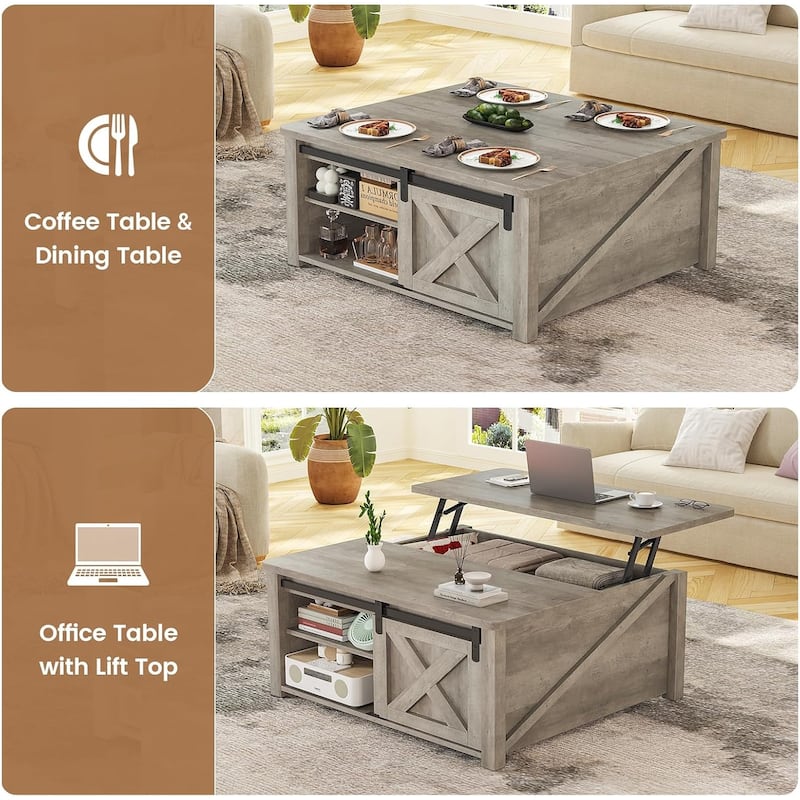 Coffee Table Lift Top Square Center Table Barn Door Adjustable Shelves
