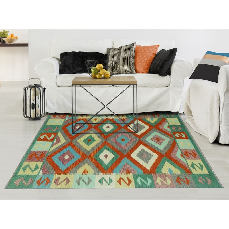 Sangat Flatweave Malyar Rust/Green Rug - 3'11" x 5'9"