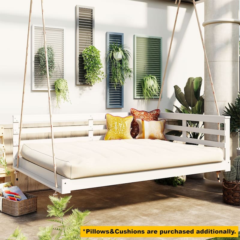 Porch Wood Hanging Swing with Hemp Ropes (No Cushion,Pillow)